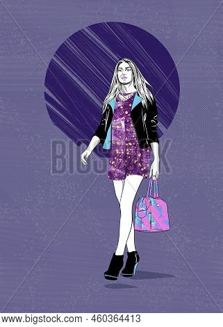 Woman In Violet Dress Walking, Street Fashion, Fashion Illustration