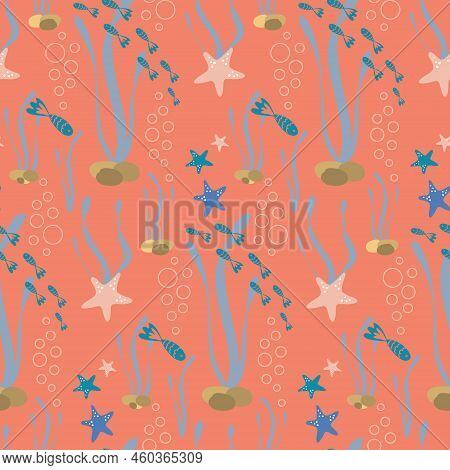 Pastel Seamless Pattern With Fish And Starfish For Summer Background In Nuatical Style. Flat Design 