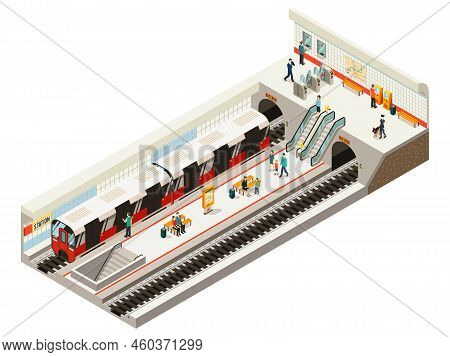 Isometric Subway Station Concept With Train Ticket Gates Information Board Escalator Railroad Benche