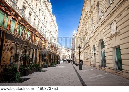 Budapest, Hungary - February 26, 2022: Panorama Of Kigyo Utca Street, A Typical Pedestrian Street Of