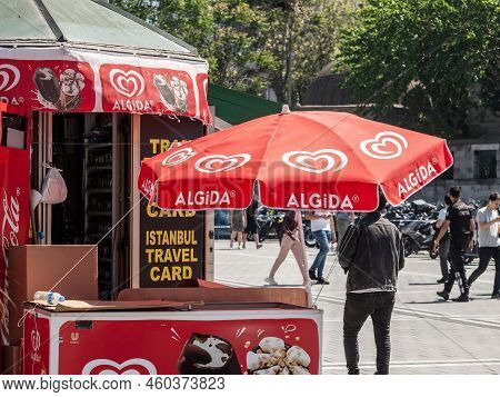 Istanbul, Turkey - May 21, 2022: Selective Blur On An Algida Logo On An Umbrella Of A Reseller In Is