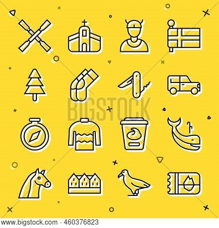 Set Line Ticket In Iceland, Whale, Car, Viking Head, Socks, Tree, Oars Or Paddles Boat And Swiss Arm