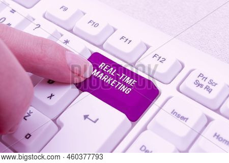 Hand Writing Sign Real Time Marketing. Word Written On Creating A Strategy Focused On Current Releva