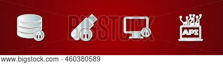 Set Server Security With Lock, Usb Flash Drive, Lock On Monitor And Computer Api Interface Icon. Vec