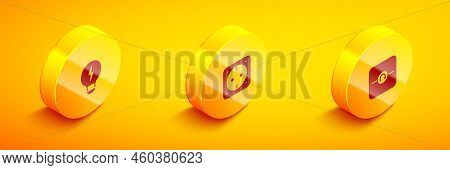 Set Isometric Creative Lamp Light Idea, Electrical Outlet And Ohmmeter Icon. Vector