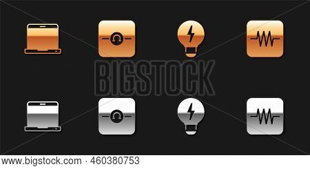 Set Laptop, Ohmmeter, Creative Lamp Light Idea And Resistor In Electronic Circuit Icon. Vector