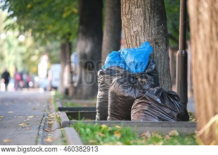 Pile Of Black Garbage Bags Full Of Litter Left For Pick Up On Street Side. Trash Disposal Concept.