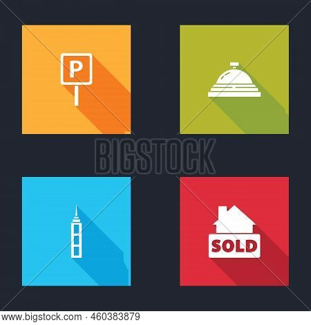 Set Parking, Hotel Service Bell, Skyscraper And Hanging Sign With Text Sold Icon. Vector