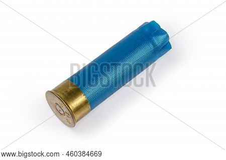 Spent Shotgun Shell 12 Gauge With Brass Base And Blue Plastic Hull On A White Background