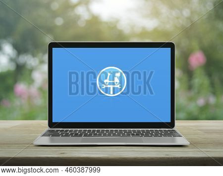 Service Fix Motorcycle With Wrench Tool Flat Icon On Modern Laptop Computer Screen On Wooden Table O