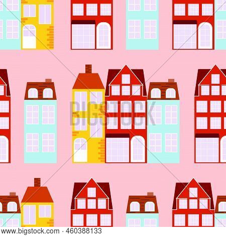 Seamless Pattern With Facade Scandinavian Houses. Сity Architecture In Nordic Style. Retro Design Fo