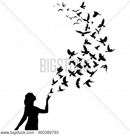 Black And White - Birds Flying From Girl Hand Silhouette