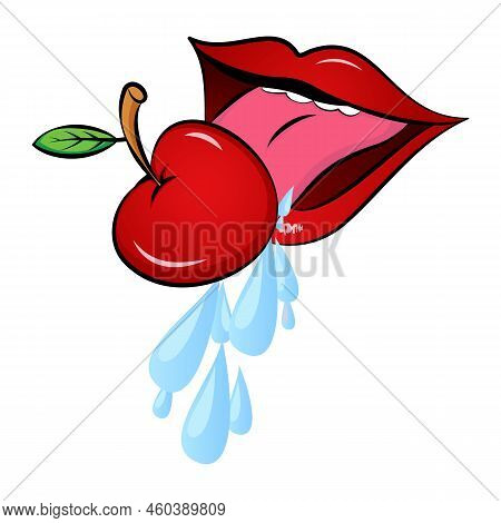Eating Apple, Red Female Lips- Teasing Tongue, Tongue Vector Illustration