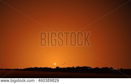 Beautiful Sunset In A Village - Vector Illustration - Sunset Background