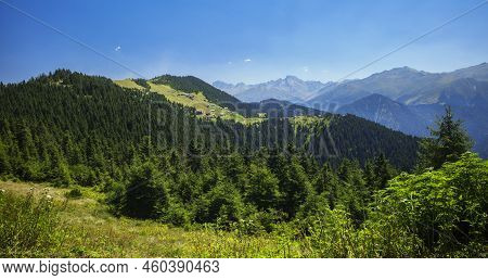 Turkey, Rize, Pokut Plateau, Historic Plateau Houses And Nature View, Panoramic View