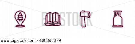 Set Line Location Of The Forest, Wooden Axe, In Laptop And Camping Gas Stove Icon. Vector