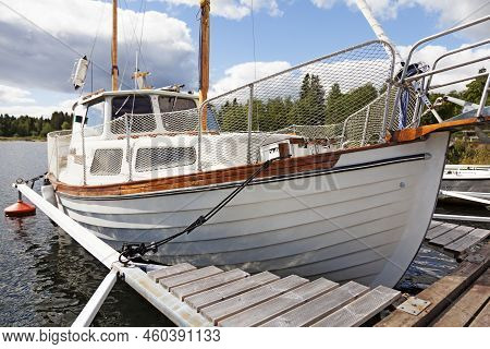 Ratan, Norrland Sweden - July 29, 2022: Large Sailboat With Motor Moored At Guest Harbor