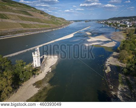 Aerial View With The Rhine And Mouse Tower Near Bingen In Rhineland-palatinate In Germany. Extreme L