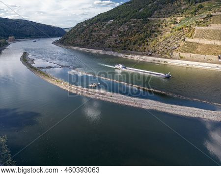 Aerial View With The Rhine Near Bingen In Rhineland-palatinate In Germany. Extreme Low Water In The 
