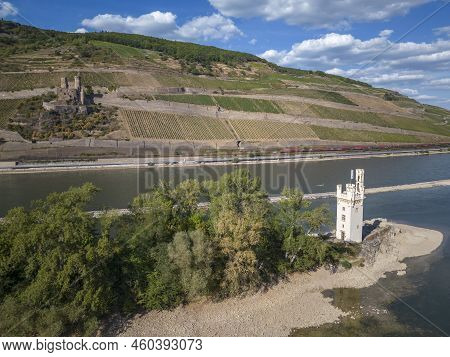 Aerial View With The Rhine, Mouse Tower And Ehrenfels Castle Near Bingen In Rhineland-palatinate In 