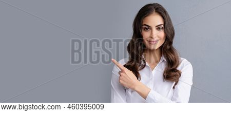 Woman Isolated Face Portrait, Banner Header Poster With Mockup Copyspace. Advertising Something By P