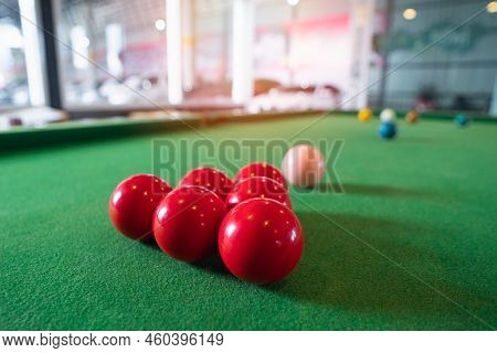 Close Up On White And Red Snooker Ball Or Pool On The Snooker Table. Snooker Player Competition Snoo