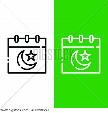 Ramadan Islamic Calendar Vector Icon In Outline Style. A Calendar With A Crescent Moon And Star Is A