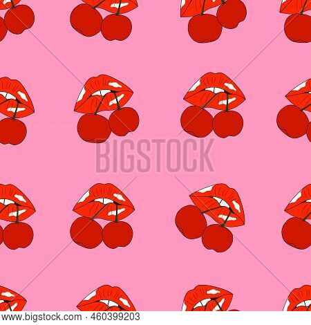 Seamless Pattern With Lips And Sweet Cherry On Pink Background. Lips Holding Cherries. Cute Vector I