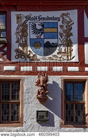 Freudenberg, Germany - April 6, 2018 Coat Of Arms Of Stadt Freudenberg - Engl: Town Freudenberg - Wi