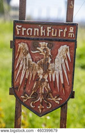 Hochheim, Germany - April 25, 2021: Sign With Eagle For The Town Of Frankfurt At A Vineyard In Hochh
