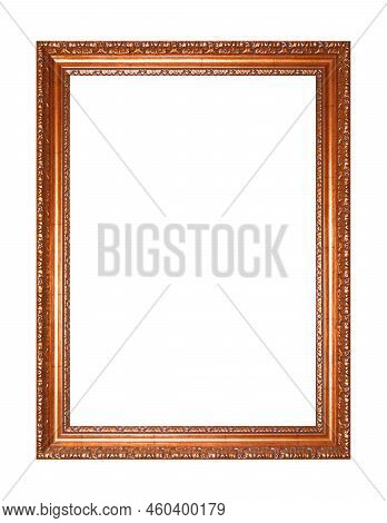 Rectangular Empty Wooden And Copper Or Bronze Gilded Ornamental Frame Isolated On White Background