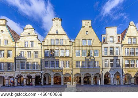 Muenster, Germany - April 30, 2022: Scenic View To Facade Of Old Historic Houses In Panoramic View A