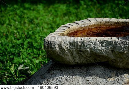 There Is A Stone Bird Feeder On The Lawn. It Has A Jagged Edge And Is Full Of Water. Small Animals A