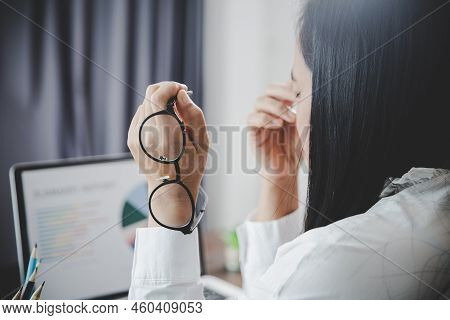 Young Business Woman Person Sleepy And Has Frustration Eye Problems With Cephalalgia Disease From Us