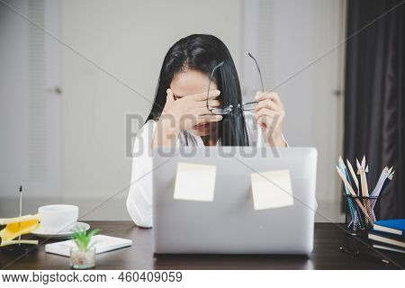 Young Business Woman Person Sleepy And Has Frustration Eye Problems With Cephalalgia Disease From Us