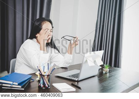Young Business Woman Person Sleepy And Has Frustration Eye Problems With Cephalalgia Disease From Us