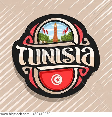 Vector Logo For Tunisia Country, Fridge Magnet With Tunisian State Flag, Original Brush Typeface For