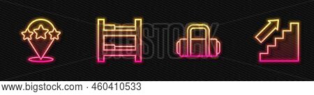 Set Line Suitcase, Five Stars Rating Review, Hotel Room Bed And Stairs Up. Glowing Neon Icon. Vector