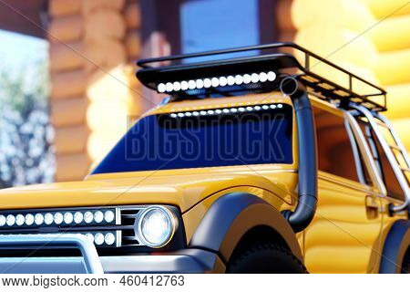 A Powerful Yellow Off-road Car 4x4, Safari, Expedition Off-roader, Front View. 3d Illustration