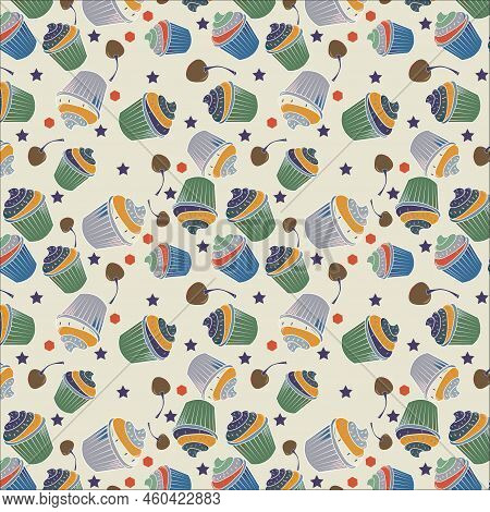 Colorful Seamless Pattern Of Amazon, Queen Blue, Silver Metallic Color Cupcake With Carrot Orange, B