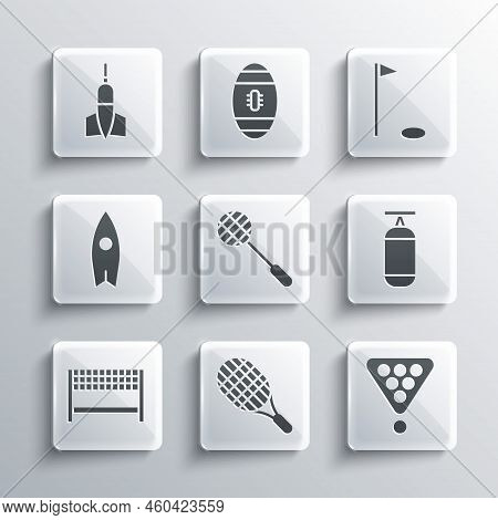 Set Tennis Racket, Billiard Balls In Triangle, Punching Bag, Ribbon Finishing Line, Surfboard, Dart 