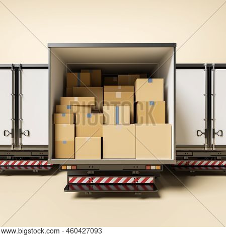 Back View Of Truck Filled With Cardboard Boxes On Beige Background. Concept Of Packaging And Logisti