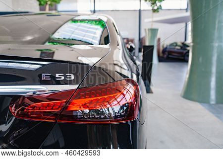 Tail Light Of A Black Mercedes E53 Car In The Parking Of A Car Dealership