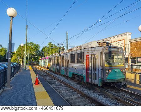 Boston, Ma, Usa - May 29, 2022: Boston Mbta Green Line Ansaldo Breda Type 8 Train At Cleveland Circl