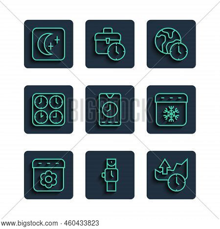 Set Line Calendar Spring, Wrist Watch, Stocks Market Growth Graphs, World Time, Alarm Clock App Mobi