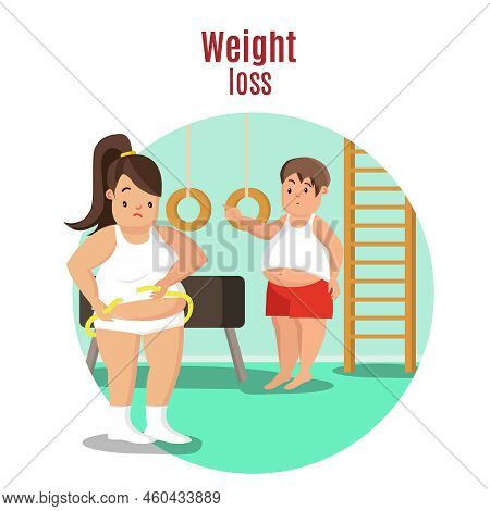 Weight Loss Concept With Fat Woman Measuring Her Waist And Sad Man In Gym Vector Illustration