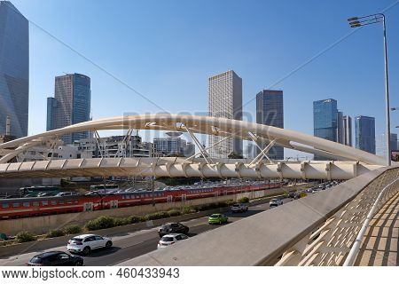 Tel-aviv, Israel - August 02, 2022: Skyscrapers, Office Buildings And The Yehudit Bridge In Tel Aviv