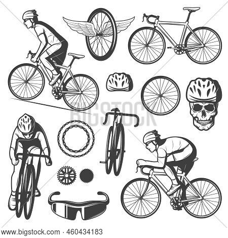 Vintage Cycling Elements Collection With Cyclists Riding Bicycles Mask Skull In Helmet Chain Sprocke