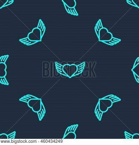 Green Line Heart With Wings Icon Isolated Seamless Pattern On Blue Background. Love Symbol. Happy Va