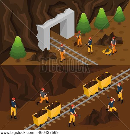 Isometric Coal Extraction Industry Horizontal Banners With Miners Working In Mine And Near Entrance 